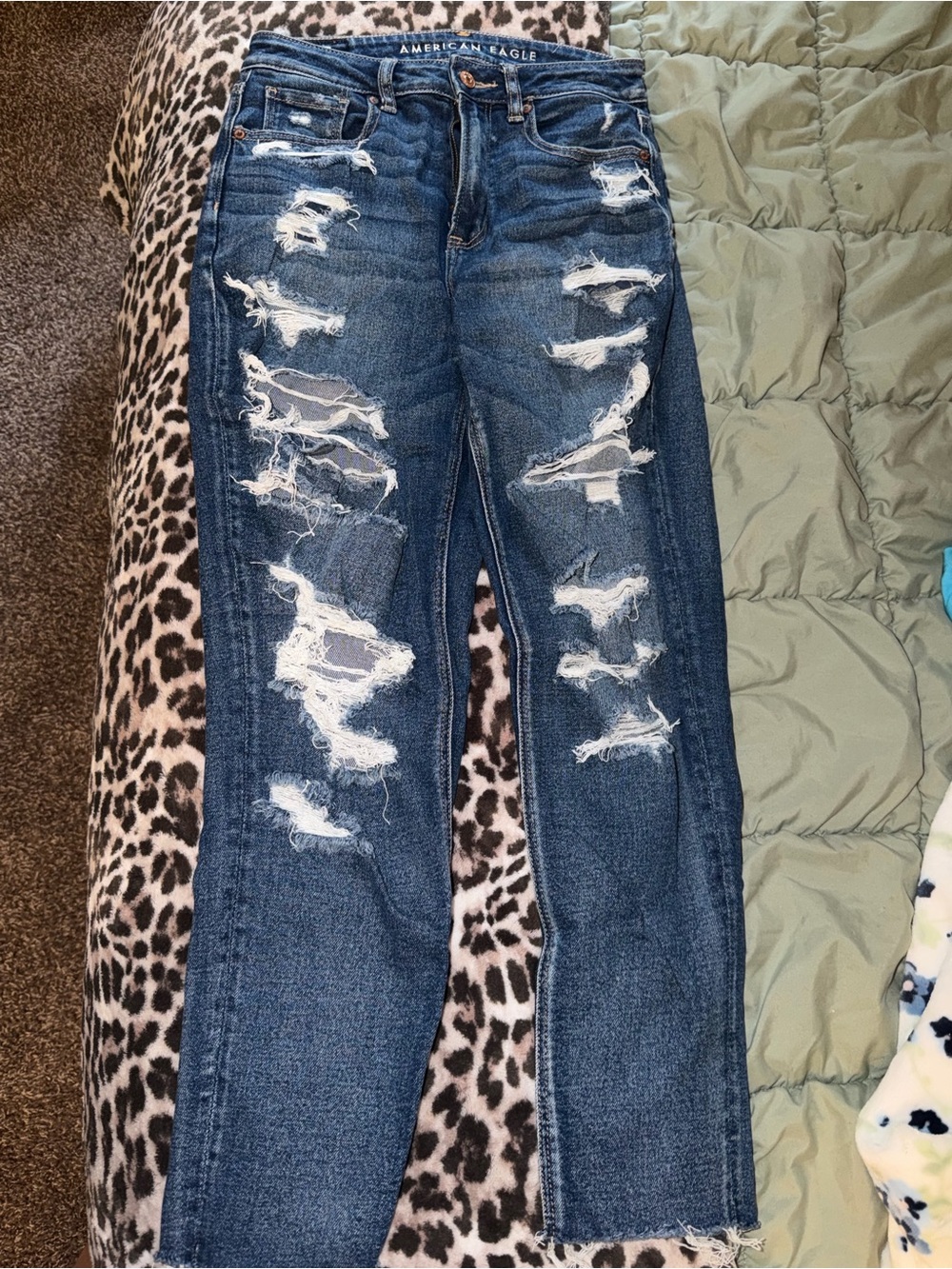 American Eagle Outfitters Distressed Dark Blue Straight Leg Jeans